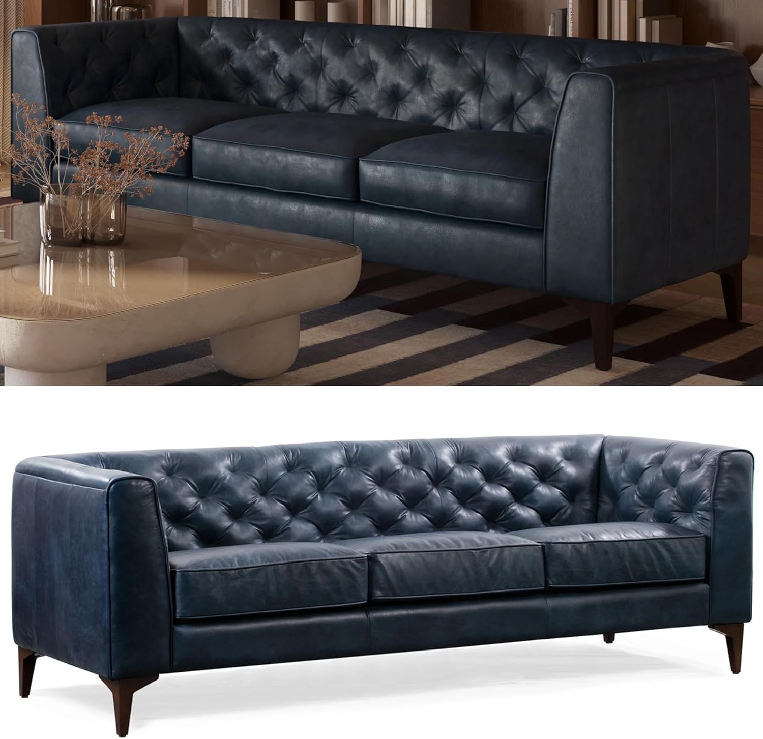 Essex 89” Full-Grain Italian Leather Sofa – Tufted Back, Feather-Down Comfort, Solid Wood Frame, Midnight Blue